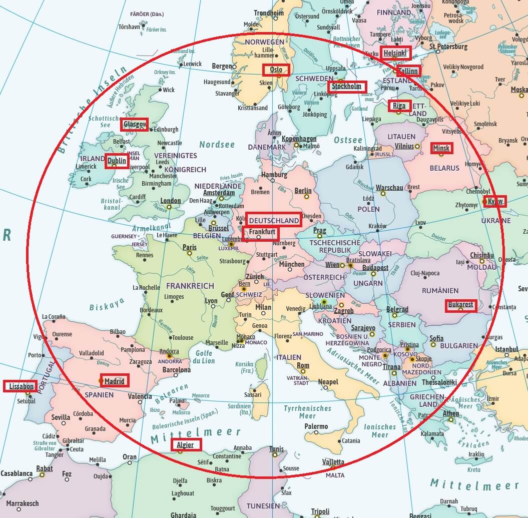 Europa_v04 Europa mit dem Fokuspunkt Frankfurt am Main, mit markierten Städten in einem ungefähren Radius von 1600 km entfernt von Frankfurt am Main.